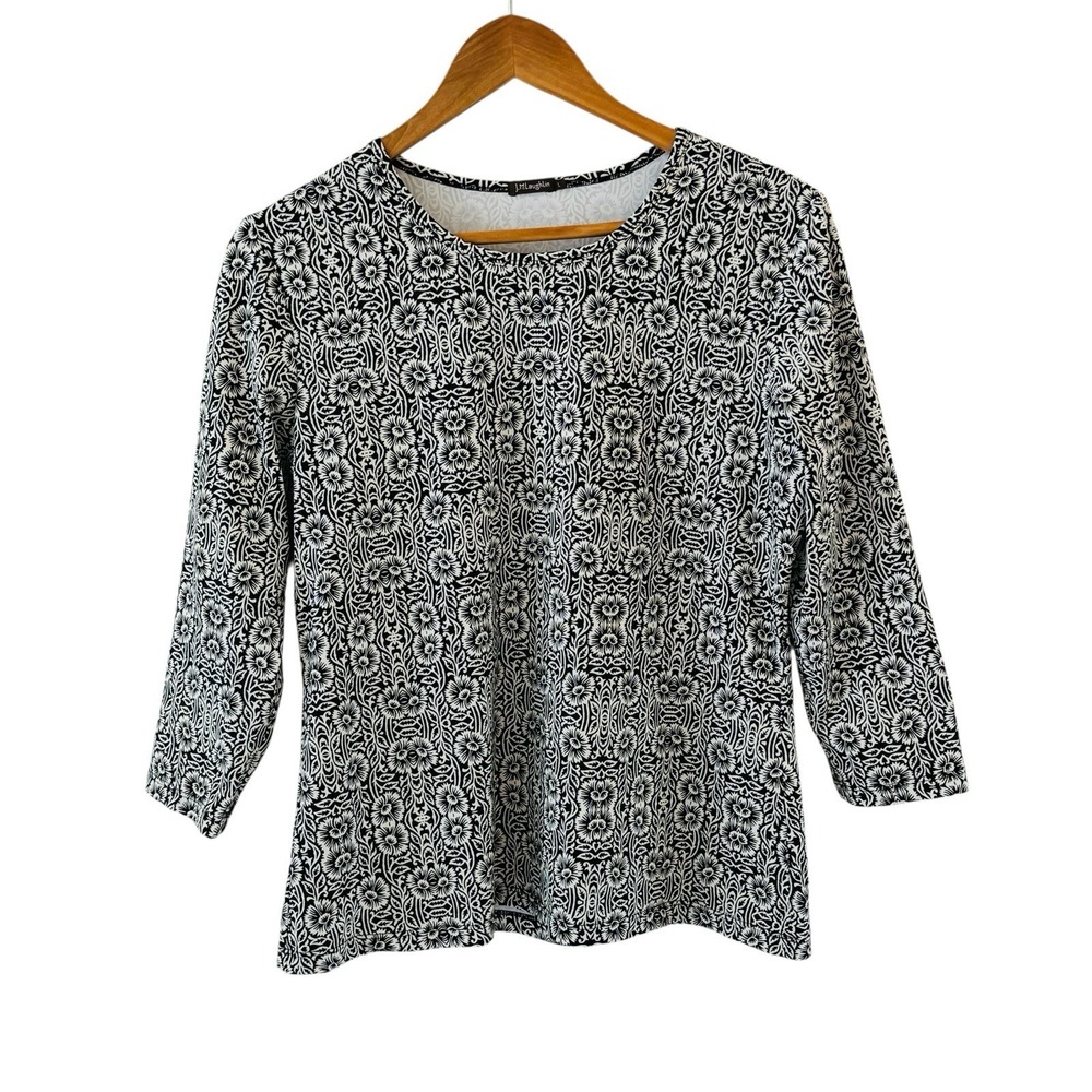 J. McLaughlin Catalina Cloth Top Womens L Black White Geometric Floral Preppy